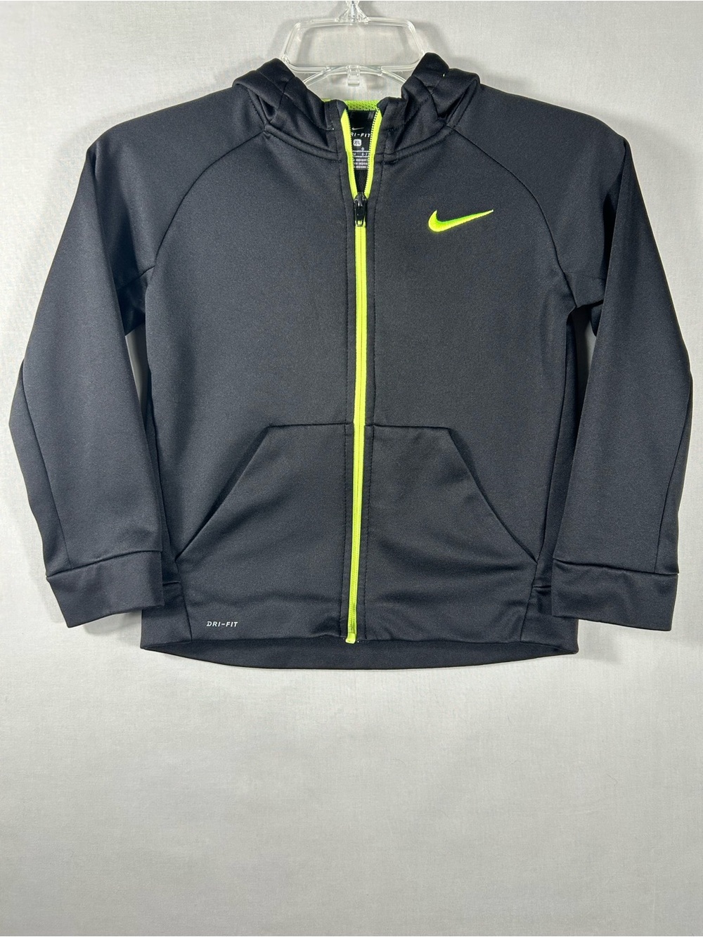 Nike Jacket Boys Black Neon Green Hooded  Full Zip Size 7 Large Pockets Logo